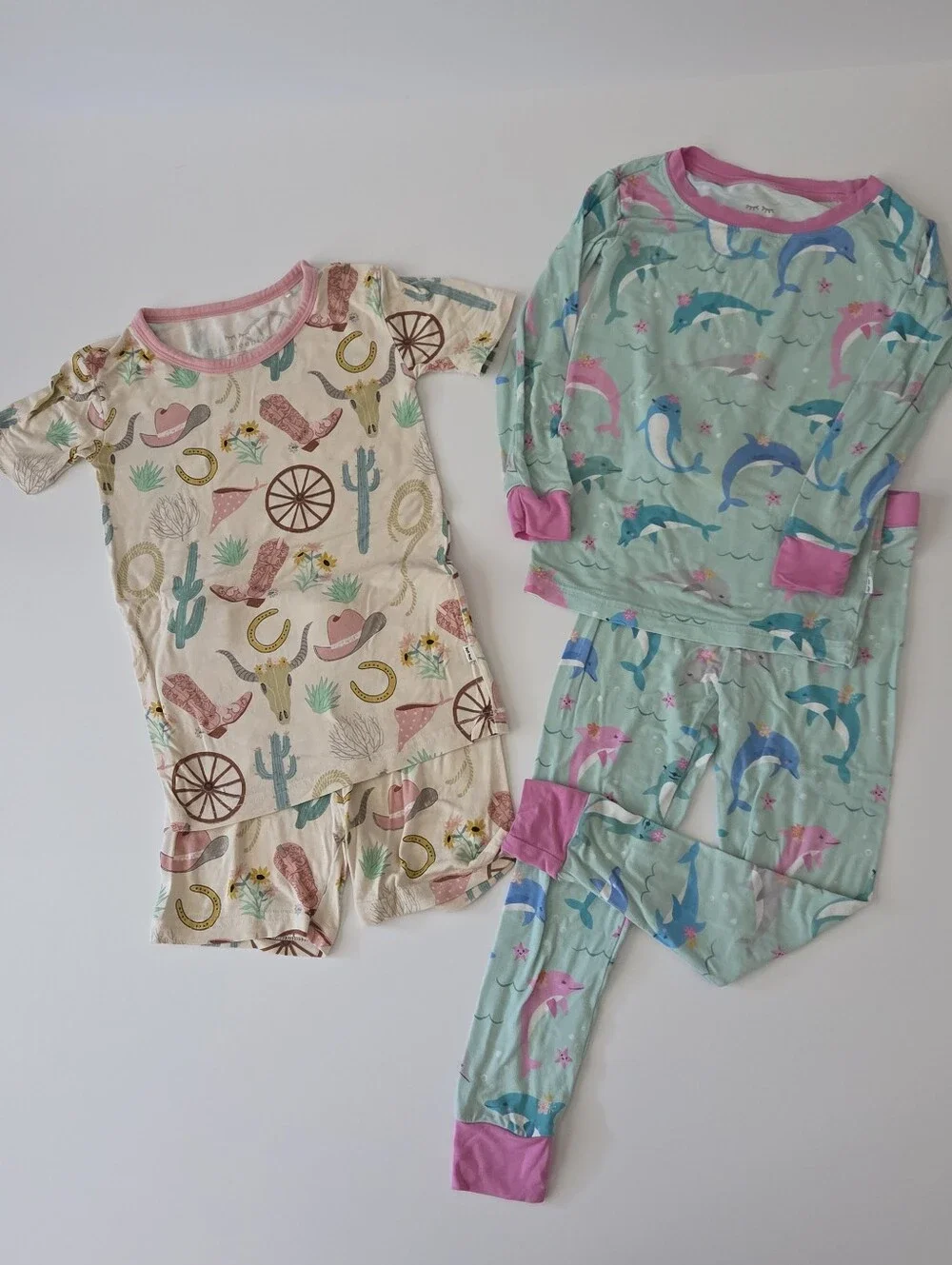 Little Sleepies Pajamas Two Sets Green Dolphin Dance And Pink Ready to Rodeo
